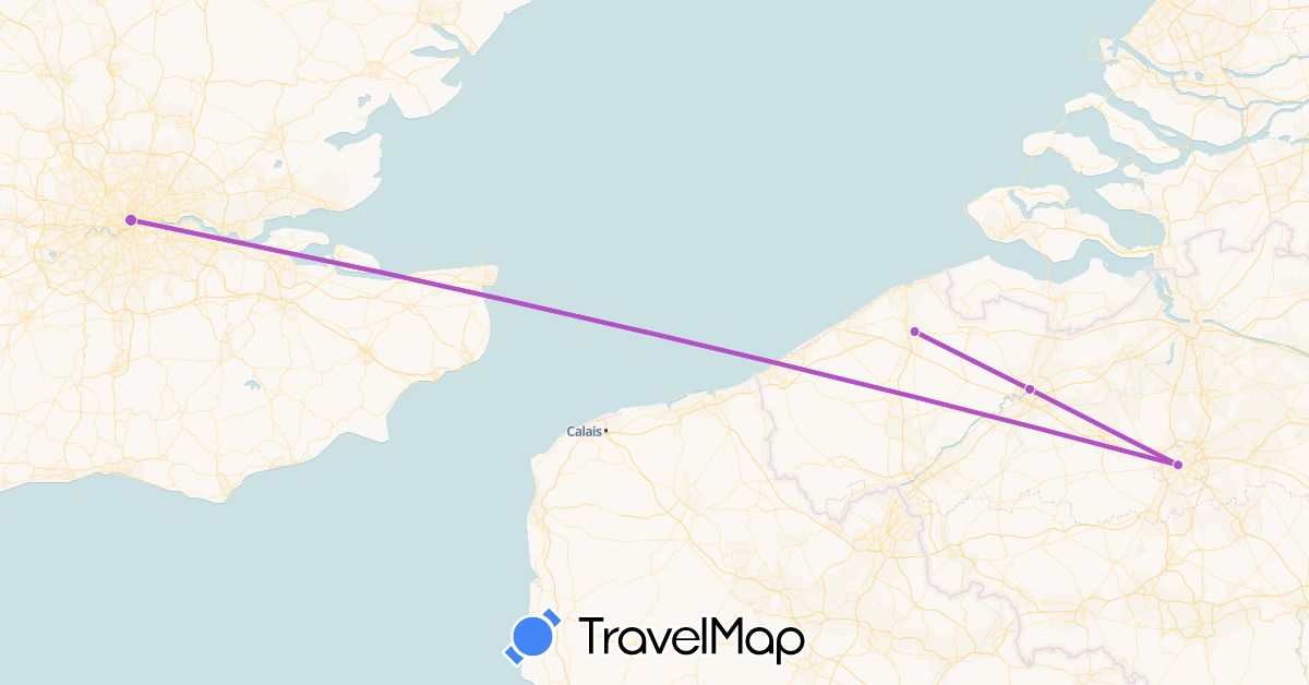 TravelMap itinerary: driving, train in Belgium, United Kingdom (Europe)